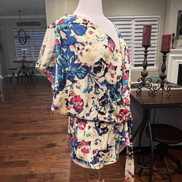 Nicole Miller Woman Blouse Plus Size 2X Satin Multicolor Floral Waist Tie V-Neck - Picture 11 of 13